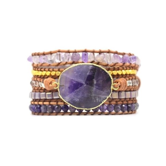 Genuine Amethyst Gemstone Genuine Leather Wrap Bracelet - Picture 8 of 9